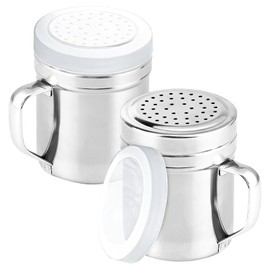 2Pcs Metal Salt Pepper Dredge Shakers, Stainless Steel Pepper Shaker Seasoning Jar With Handle, With Hole And Cover, Suitable For Pepper, Cinnamon And Coffee Spice Jars (Medium-10OZ)