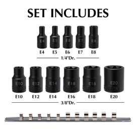 EMENTOL 11PCS E-Torx Socket Set with Rail, CR-V, 1/4" and 3/8" Drive, Female External Torx Star Socket Set, E4 - E20