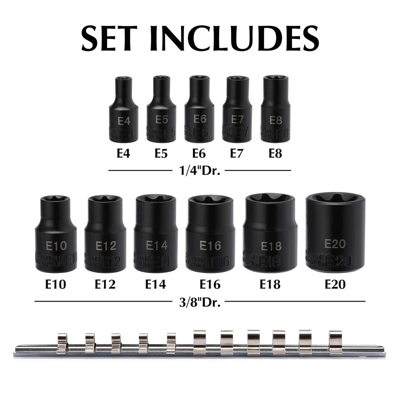 EMENTOL 11PCS E-Torx Socket Set with Rail, CR-V, 1/4" and