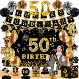 50th Birthday Decorations for Men Women,24PCS 50th Birthday Decor,Happy 50th Birthday Banner,Anniversary Card,6 Honeycomb Topper,Balloons,Cheers to 50 Years Banner,7 Hanging Swirl,6 Paper Poms,Sash