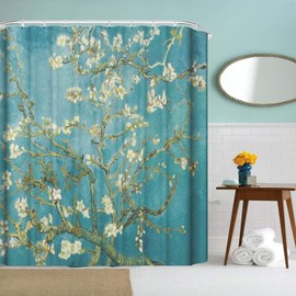 IcosaMro Van Gogh Shower Curtain for Bathroom with Hooks, Almond Blossom Flowers Decorative Long Cloth Fabric Shower Curtain Bath Decorations - 71Wx72L, Green