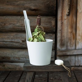 Rento - Saunakübel mit Schöpfkelle, Saunakelle, Aufgusskelle - Farbe: Weiß, Silber - Bambusfaser - 2 teiliges Set