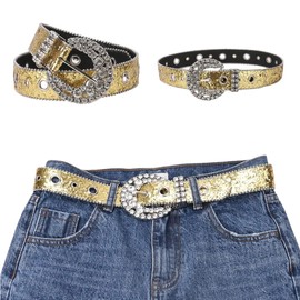 TQUXNGA Moderner glitzernder Gürtel, Jeans-Bund, Punk-Nieten, Gürtel für Straßenspieler, Club, Party, gold, 112CM