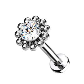 Pierced Owl - 16-18G G23 Implant Grade Titanium Threadless Push-In CZ Crystal Center Flower with Beaded Edge Flat Back Lip Cartilage Ear Stud, Cubic Zirconia, Titanium, cubic-zirconia