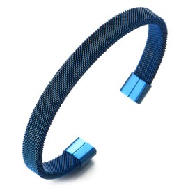 COOLSTEELANDBEYOND Elastic Adjustable Blue Stainless Steel Mesh Cable Bangle Bracelet for Men Women