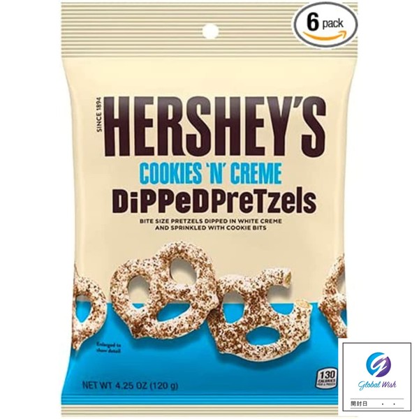 Hershey Dipped Pretzel Cookie & Cream 4.2 oz (120 g) x 6 Bags DiPPeD PreTzels COOKIES 'N' CREME Snack 4.2 oz (120 g) x 6 Pack with Global Wish Open Date Label
