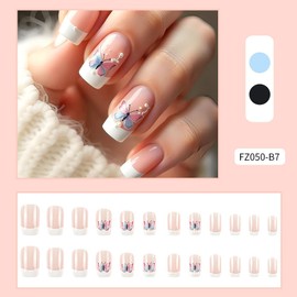 French Tip Press on Nails Short Square Fake Nails with Butterfly Designs White False Nails Pearl Artificial Nails Stick on Nails for Women 24pcs