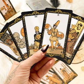 Tarot Cards with Guide Book, 78 Black Tarot Cards Set with Tarot Cloth, Chakra Stones, Tarot Bag and More, Classic Tarot Cards for Beginners Kit, Tarot Deck Fortune Telling Game