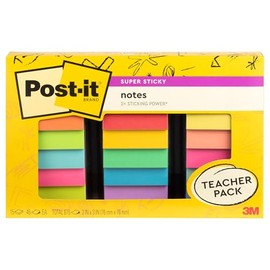 Post-it Super Sticky Notes - Paquete para profesores, colores surtidos, 3 pulgadas x 3 pulgadas, 15 almohadillas para orejas/paquete, 45 hojas/almohadilla (654-15SSBTS-SR)