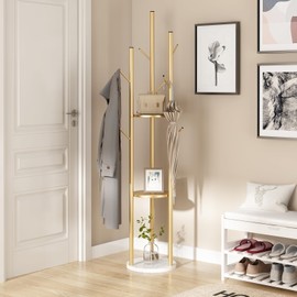TIEOU Metal Coat Rack, Gold Coat Racks Freestanding with Shelves and Marble Base, Coat Tree with 9 Hooks for Scarves, Bags, Modern Coat Rack Stand for Entryway, Living Room, Bedroom, Easy Assembly