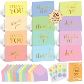 Decorably 24 Pack Gold Foil 6x4in Modern Thank You Cards with Envelopes - 12 Elegant Pastel Designs Colorful Thank You Cards with Envelopes - Blank Inside - Gratitude, Appreciation, All Ocassions