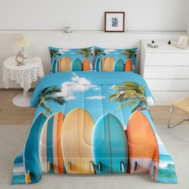 Erosebridal Palm Tree Surfboard Comforter Set Queen 7 Piece Ocean Surf Bed in a Bag for Surfer,Coastal Beach Bedding Set (1 Comforter,1 Fitted Sheet,1 Flat Sheet,2 Pillowcases,2 Throw Pillow Covers)