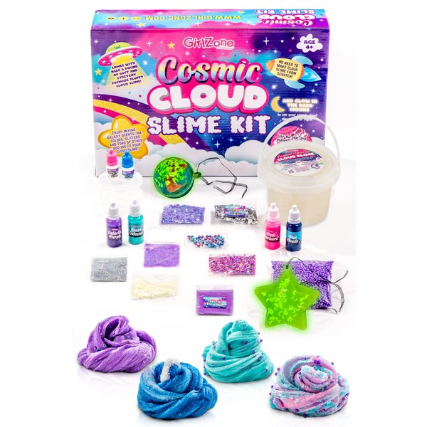 GirlZone Cosmic Clouds Slime Kit and Slime Already Made Galaxy Crunchy for Girls with Glitter, Inks and Glow in the Dark Moon Confetti, Pre-Made Slime Kit