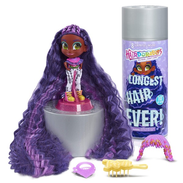 Hairdorables Longest Hair Ever! Kali, Includes 8 Surprises, 10-Inches of Hair to Style, Purple, Kids Toys for Ages 3 Up by Just Play