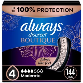 Always Discreet Boutique Incontinence Pads, for Bladder Leaks, Moderate Absorbency, Regular Length, 144 Count (3 Packs of 48)