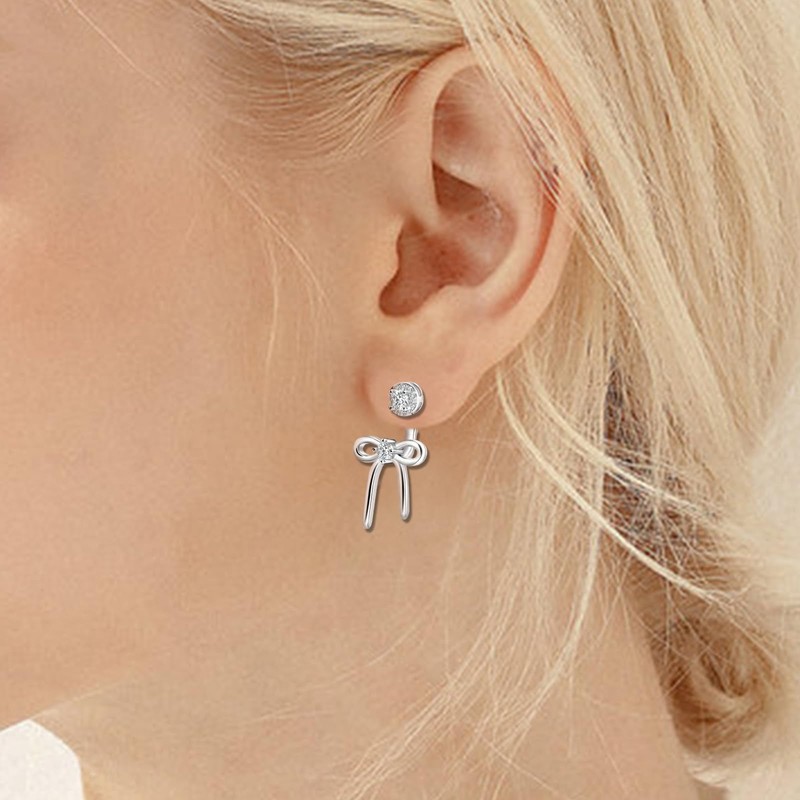 Sterling Silver Bow Stud Earrings with Round Cubic Zirconia for