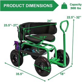THUNDERBAY Garden Cart Rolling Workseat with Wheels, 360 Degree Swivel Seat, Wagon Scooter with Steering Handle & Utility Tool Tray for Planting, with Storage Basket and Tool Pouch, Green