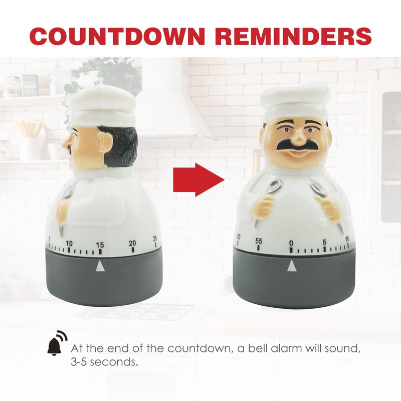 Rileyfine WG012 Kitchen Mechanical Timer, Countdown Alarm Clock, Chef Shape,