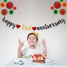 QFiesy Happy 2nd Anniversary Party Banner, Black Glitter 2 Years Anniversary Garland, Wedding Banner Party Decorations (Pre-Strung)
