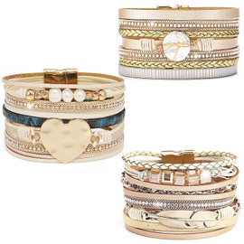 Wovanoo Leather Wrap Bracelet Set 3Pack Wrist Cuff Bracelet for Women Multilayer Magnetic Clasp Bracelet Feather Tree Bead Crystal Bracelet Pearl Love