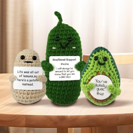 EzKnotify Funny Positive Potato Emotional Support Gag Gifts with Positive Card, Mini Knitted Cute Crochet Dolls for Friends, Parties, Birthdays, Christmas(Potato Pickle Avocado)