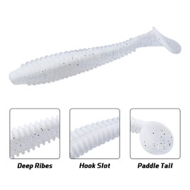 RUNCL ProBite Paddle Tail Swimbaits White Pearl, Soft Fishing Lures - Natural Oils, Ribbed Design, Paddle Tail, Hook Slot, Proven Colors - Bass Fishing Lures Baits 10 (3in, Pack of 30)