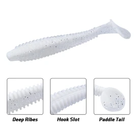 RUNCL ProBite Paddle Tail Swimbaits White Pearl, Soft Fishing Lures - Natural Oils, Ribbed Design, Paddle Tail, Hook Slot, Proven Colors - Bass Fishing Lures Baits 10 (3in, Pack of 30)