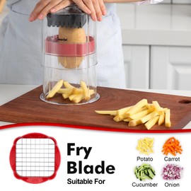 Geedel Chip Cutter, Potato Chipper with 3 Stainless Steel Blades, Fast Cutting, Apple Corer Slicer for Fruits, Potato Cutter for Carrot, Onion, Cucumber, Multi-Functional French Fry Cutter, Red