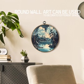 KTYHD Japanese Wall Art Decor - Oriental Japanese Lake Landscape Round Canvas Wall Art, Blue Asian Japandi Walls Decor for Zen Meditation Room Bedroom Living Room