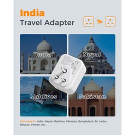 UK to India Plug Adapter, TESSAN India Travel Adapter with USB C and 2 USB A, 4 in 1 Type D Travel Adaptor for Indian, Sri Lanka, Maldives, Nepal, Pakistan, Bangladesh, Bhutan, Yemen, 2 Pack