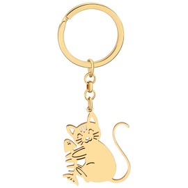 OUSIO Stainless Steel Silver Plated Lovely Basket Cat Keychain Pets Animals Key Ring For Women Car Wallet Charm Gifts (18K Gold)