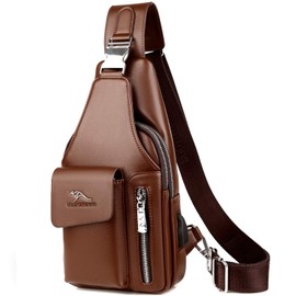 LuckY.Ss Men's Sling Bag PU Leather Waterproof Chest Shoulder Bags Anti-theft Crossbody Backpack Purse with USB Charging Port and Headphone Hole,Small Daypack for Casual Sport Outdoor Travel (Brown 1)