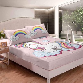 Loussiesd Children's Fitted Sheet 90 x 200 cm Girls Unicorn Pink Cartoon Unicorn Rainbow Clouds Print Bed Sheet Set for Teenagers Women Cute Animals Decorative Fitted Sheet Microfibre
