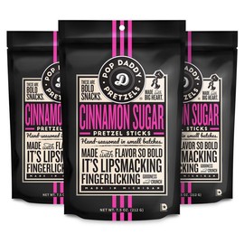 Pop Daddy Flavored Pretzels Sticks | Healthy Gourmet Pretzels Snacks | 7.5oz Individual Bags | 3 Pack | Cinnamon Sugar