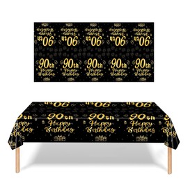 3 Pack 90th Birthday Tablecloth Decorations for Men Women, Black Gold Happy 90 Birthday Theme Table Cover Party Supplies 90 Year Old Birthday Plastic Disposable Rectangular Table Cloth (90th)