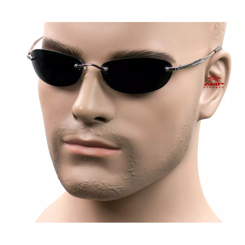 AMP Small Rimless Oval Neo Matrix Style Sunglasses Metal Super