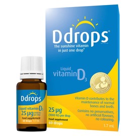 Ddrops Adults 25 µg 60 drops - Liquid Vitamin D3 Supplement Supports Bones, Immune System - Naturally-sourced Ingredients, No Large Capsules, No Preservatives, Non-GMO, Allergen-Friendly