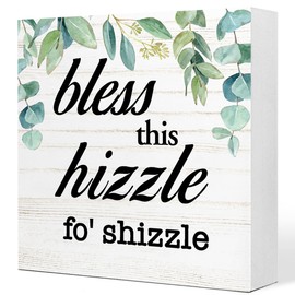 Leaves Bless This Hizzle for Shizzle Sign Wooden Block,Funny Humor Home Decor for Shelves,Farmhouse Home Desk Decor,House Warming Gift for Friends