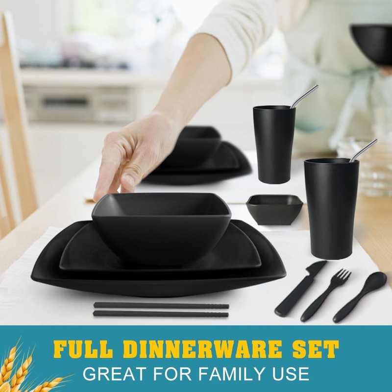 Teivio 66-piece With Flatware Plastic Kitchen Wheat Straw Square Dinnerware