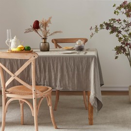 TOSMO 100% French Linen Tablecloth, Washable Farmhouse Rectangle Table Cloth for Kitchen, Dining, Party, Cocktail, Indoor and Outdoor Daily Use(52''x70'',Taupe)