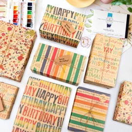 MAMUNU Birthday Gift Wrapping Paper, Pack of 8, Colourful Happy Birthday Wrapping Paper for Men, Women, Child, Brown Folded Gift Wrapping Paper for Birthday Occasions, 70 x 50 cm