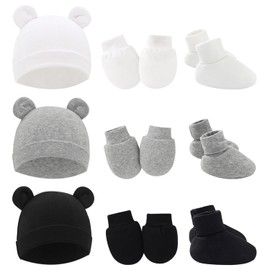 MEMOFYND Set of 3 Bear Hats with Gloves and Feet Covers, Unisex Baby Hats, Cotton Gloves, No-Scratch Newborn Gloves and Socks (White, Black, Grey)