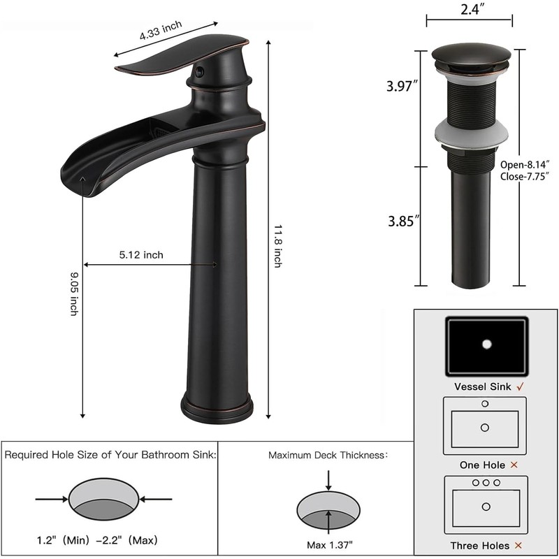 BWE Bathroom Vessel Sink Faucet Waterfall Spout Single Handle One