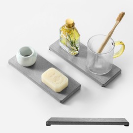 Razborci 2PCS Bathroom Counter Vanity Trays, Water Absorbing Diatomite Stone Quick Drying Mat for Kitchen Sink Counter, Dish Rack Soap Dispenser Sponge Holder Caddy Organizer, Light Gray, 9"x 3.5"