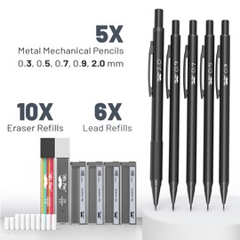 Mr. Pen- Metal Mechanical Pencil Set with Lead and Eraser Refills, 5 Sizes, Black, 0.3, 0.5, 0.7, 0.9, 2mm, Drawing Mechanical Pencils, Mechanical Pencil Metal, Drawing Pencils Mechanical