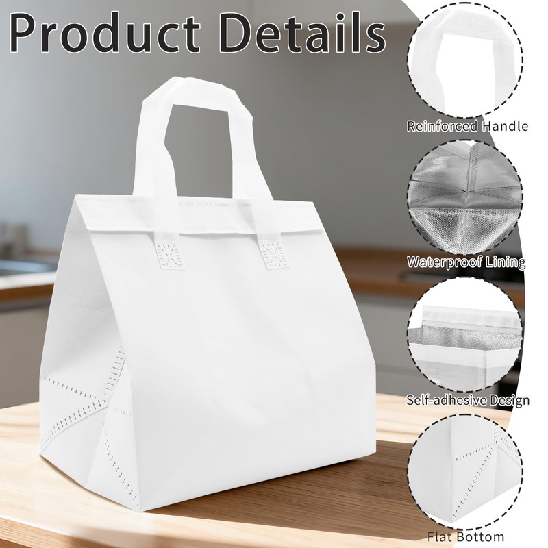 30 Pack Insulated Take Away Bags, White Reusable Grocery Bag