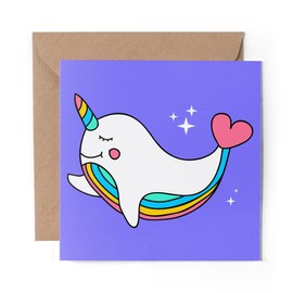 1 x Greeting Card Cartoon Whale Narwhal Unicorn - Blank Birthday Celebration Anniversary #14735