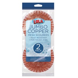 LOLA Copper Mesh Scouring Pad, 45 Grams, 4" Heavy Duty Cleaning Pads, Copper Coated Knitted Wire Mesh, Recyclable, Cleans Baked On Messes - 2 Pk