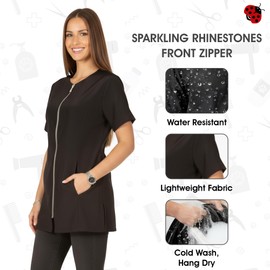 Ladybird Line 460 Groomer's Rhinestone Jacket - Water, Hair and Bleach Resistant, Short Sleeve Dog Grooming and Hair Stylist Smock with Round Neck, 2 Side Pockets & Adjustable Back Tie Belt - 5XL