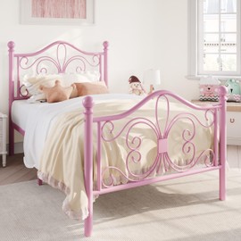 SHA CERLIN Twin Size Bed Frame for Kids,Metal Bed Frame with Butterfly Pattern Design Headboard and Footboard,No Box Spring Needed,Easy Assembly,Pink